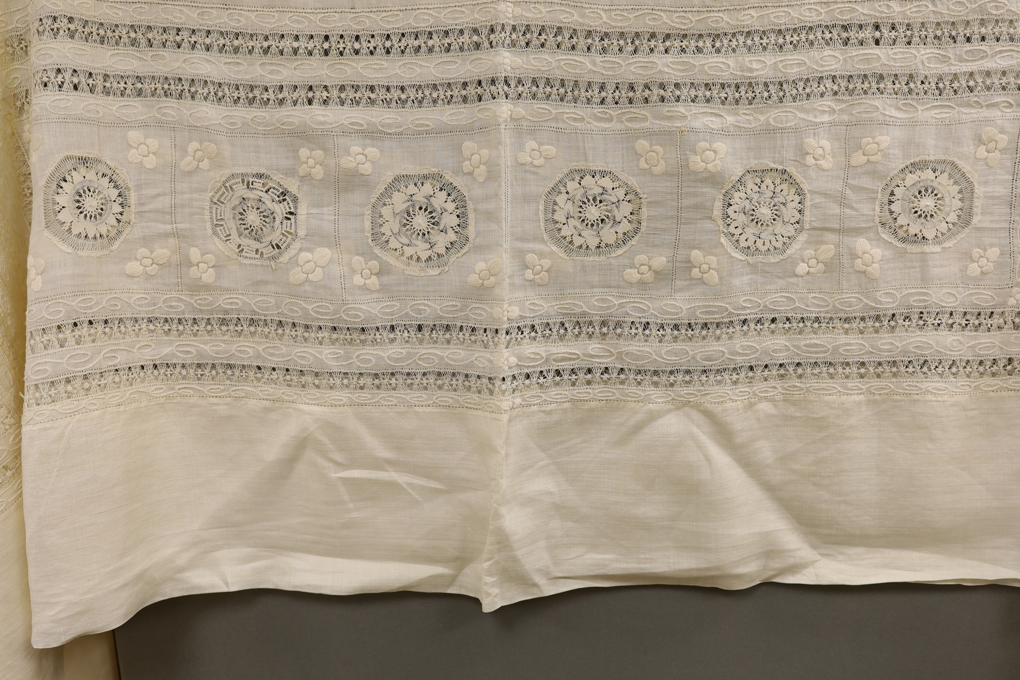 A 20th century Chinese dragon embroidered and drawn thread worked fine linen table cloth, 194cm x 240cm